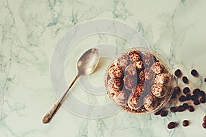 Homemade tiramisu, traditional Italian dessert in a plastic cup on a white marble background. Copy space. Top view. Tone