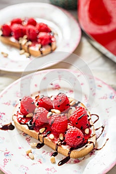 Homemade Toasts with Goat Cheese, Raspberries, Balsamic Cream and Pine Nuts