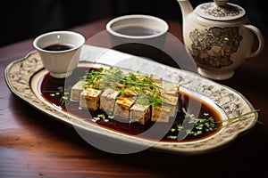 homemade tofu, soy sauce, and fresh herbs on a plate