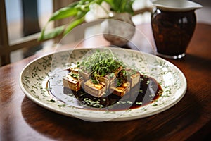 homemade tofu, soy sauce, and fresh herbs on a plate