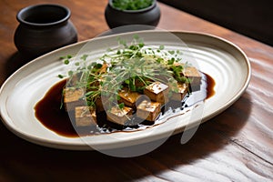 homemade tofu, soy sauce, and fresh herbs on a plate