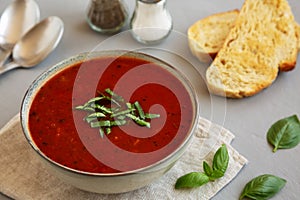 Homemade Tomato Basil Soup in a Bowl, side view. Close-up