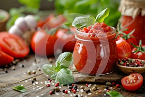 Homemade tomato sauce in glass jar on wooden background. Delicious Italian sauce for pasta or pizza on kitchen table