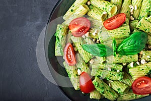 Homemade tortiglioni pasta with vegan pesto sauce