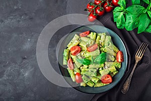 Homemade tortiglioni pasta with vegan pesto sauce