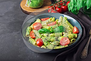 Homemade tortiglioni pasta with vegan pesto sauce