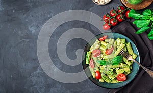 Homemade tortiglioni pasta with vegan pesto sauce