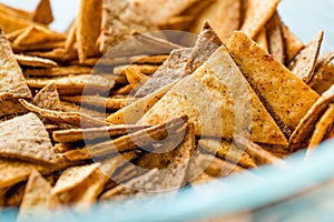 Homemade Tortilla Chips made with Flatbread and Baked in Oven / Close up Macro View.