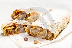 Homemade traditional Apple strudel, classic and probably the best known Viennese pastry outside of Austria
