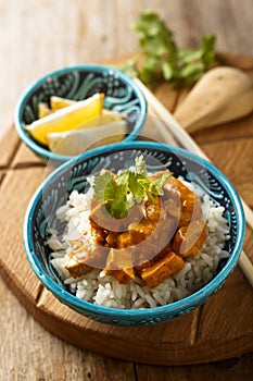 Homemade traditional chicken curry with rice with fresh herbs photo