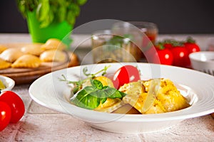 Homemade traditional italian ravioli pasta with basil and tomato cherry vegetables on the table