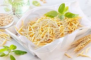 Homemade Troffie pasta typical of Liguria region