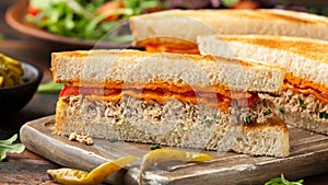 Homemade tuna melt sandwich on rustic board