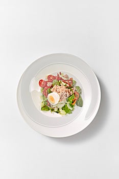 Homemade tuna salad with fresh organic vegetables and egg.