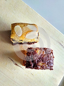 Homemade two brownie with nut and almond top view