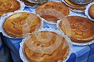 Homemade typical Basque cake, also called Gateau Basque, on a ma