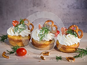 Homemade unsweetened savory appetizer cupcakes photo