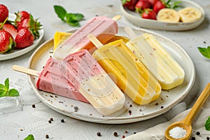 Homemade various kind of fruit popsicles in home kitchen. Frozen fruit juice. Generative AI