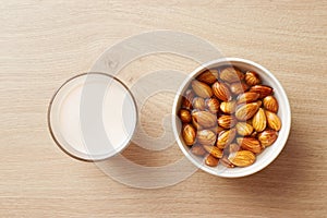 Homemade vegan almond milk and water soaked almonds