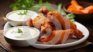 Homemade Vegan Buffalo Wings with Yogurt Dip. Vegetarian Buffalo Chicken Wings Ranch. AI Generative