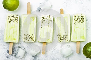 Homemade vegan frozen coconut mojito popsicles - ice pops - paletas with chia seeds. photo