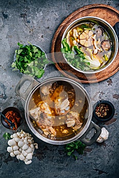 Homemade vegetable broth with beef bone broth with ingredients