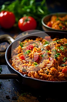 A homemade vegetarian jollof rice with tomatoes, onions and spices