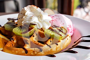 Homemade waffle served with stawberry ice cream and variety fruit. Sweet and crunchy dessert.