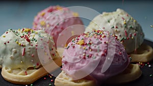 Homemade waffles with color ice ream topping rotating. Pastry topping falling on pink and green ice ream balls on