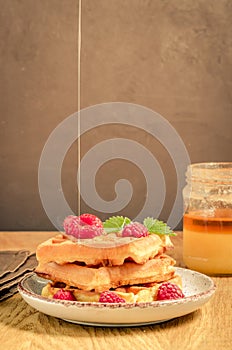 Homemade Waffles With raspberry in plate on a dark background/Homemade waffles With raspberry in plate on a dark background with