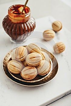 Homemade walnut shaped cookies with boiled condensed milk