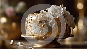 Homemade wedding cake with chocolate icing and flower decoration generated by AI