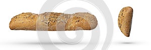 Homemade white bread isolate with seeds and whole grains. Side view of a loaf of fresh bread on a white isolated