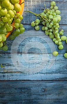 Homemade winemaking background; grape on wooden table