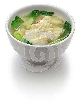 Homemade wonton soup with bok choy: a kind of chinese dumpling