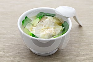 Homemade wonton soup with bok choy: a kind of chinese dumpling