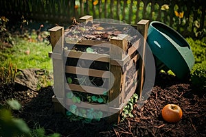 Homemade wooden compost bin in the garden. Recycling organic biodegradable material and household waste in compost.