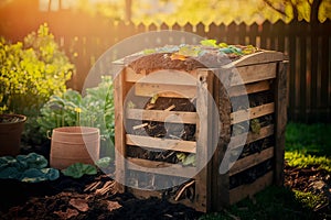 Homemade wooden compost bin in the garden. Recycling organic biodegradable material and household waste in compost. Sustainable