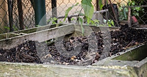 Homemade wooden compost bin in the garden. Recycling organic biodegradable material and household waste in composter. Best organic