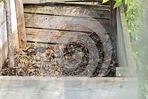 Homemade wooden compost bin in the garden. Recycling organic biodegradable material and household waste in composter. Best organic