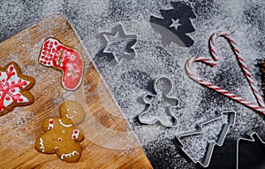 Homemade Xmas cookie for Christmas and Happy New Year. Woman cooking gingerbread with friend and Family on winter holiday