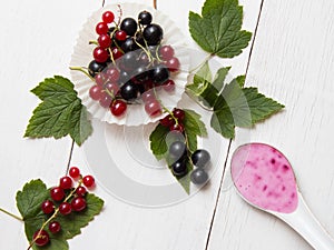 Homemade yogurt with black and red currant in spoon. Fresh berries with leaves on white wooden boards