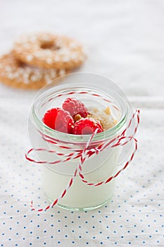 Homemade yogurt dessert with raspberries and crushed cookies in a small jar on a kitchen background