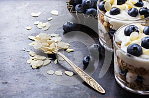 Homemade yogurt with granola muesli and blueberries