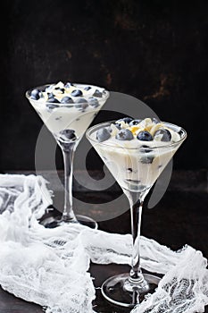 Homemade yogurt with granola muesli and blueberries in martini glass