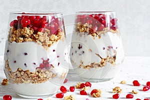 Homemade yogurt parfait with granola and pomegranate fruit