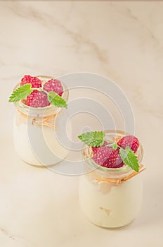 Homemade yogurt with raspberry and mint/Homemade yogurt with raspberry and mint on a marble background. Selective focus