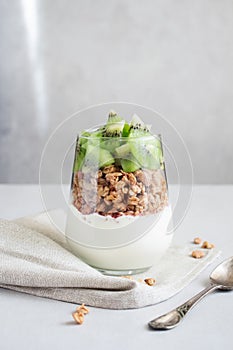 Homemade yogurt,sour cream or pudding with kiwi and granola in a glass on a gray background lit from a window.