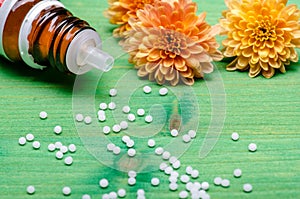 Homeopathic globules on a green wooden background