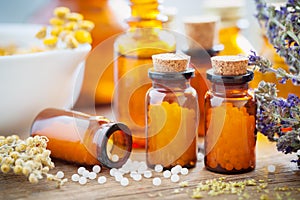 Homeopathic globules, mortar and healing herbs photo